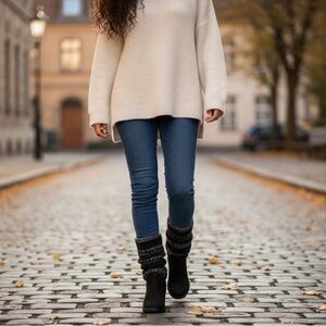 UGG Cresthaven Leather Stretch Sweater Knit Wedge Boot Black